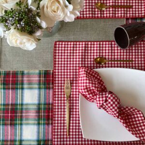 Green, red and white tartan tablecloth