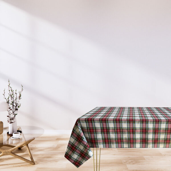 Green, red and white tartan tablecloth